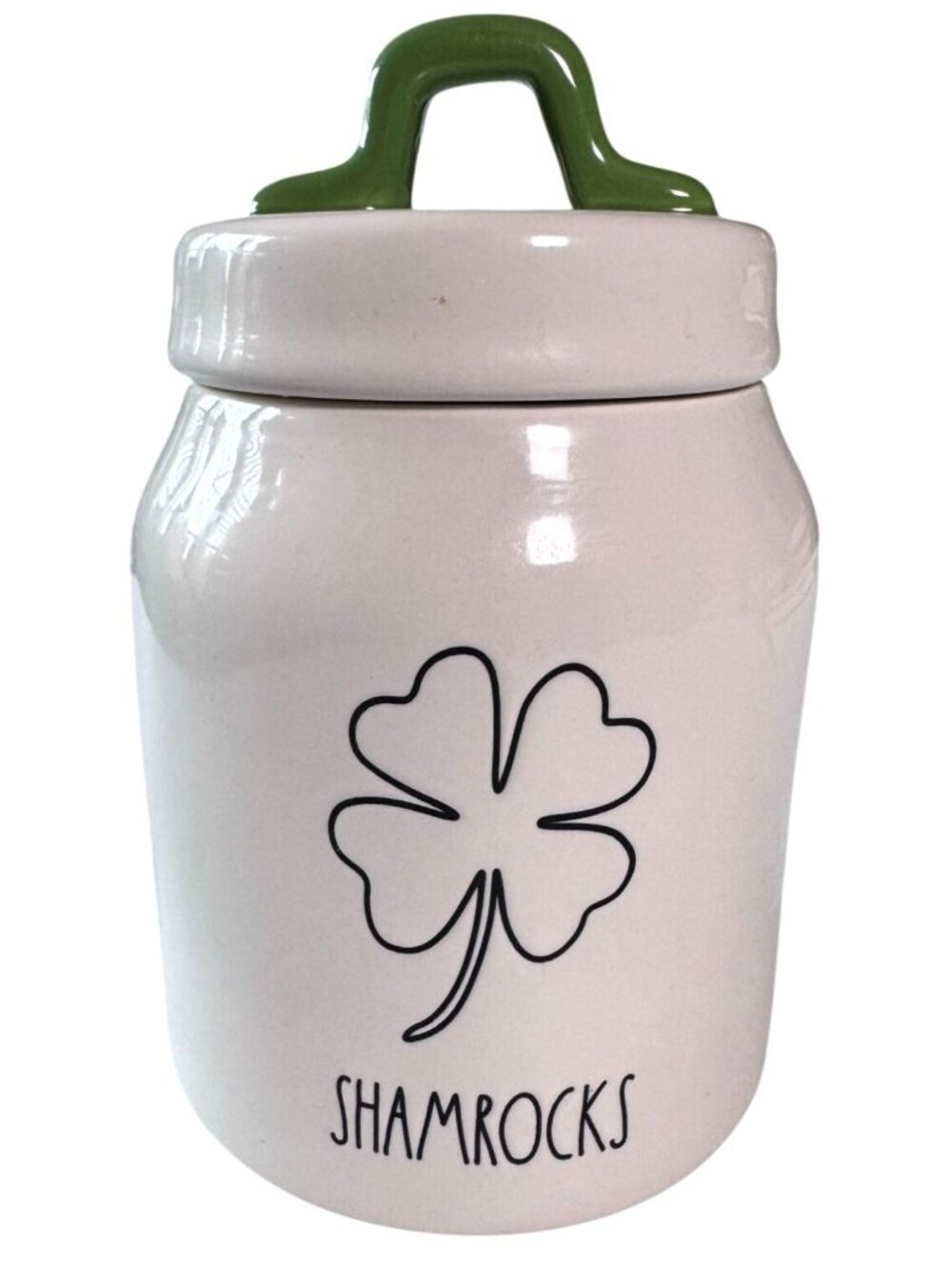 Rae Dunn Shamrocks Ceramic Jar With Lid Green Top White Body Artisan Collection